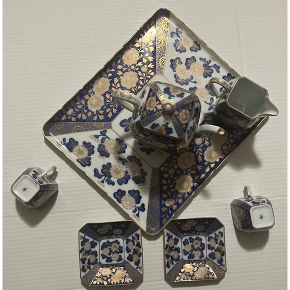 Antique 7 Piece Fukagawa Koransha Cobalt Blue and Gold Gilt Tea Set W Platter - Picture 8 of 15